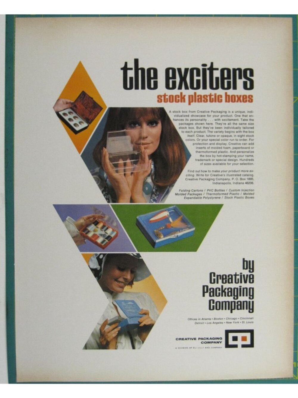 Print Ad Exciters Stock Plastic Boxes Creative Packaging MOD 1960s Fashion